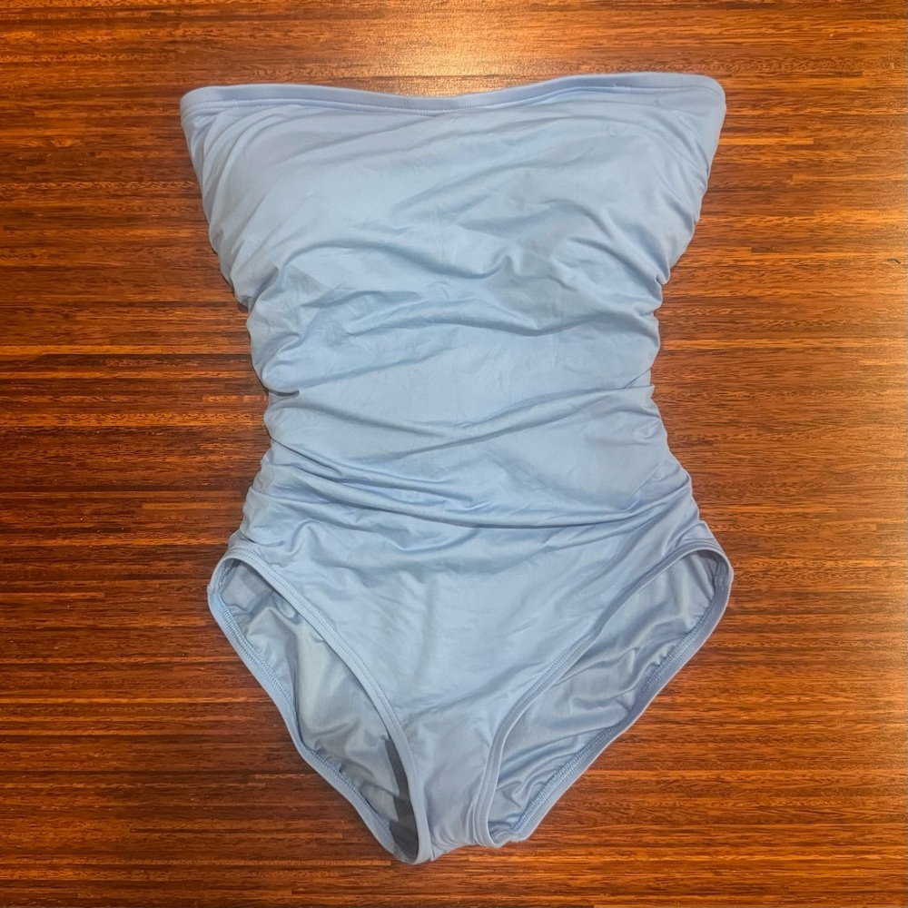 NWT Talbots X Sun Ocean Sand Size 12 One Piece Swimsuit Chic Bandeau Ruched blue